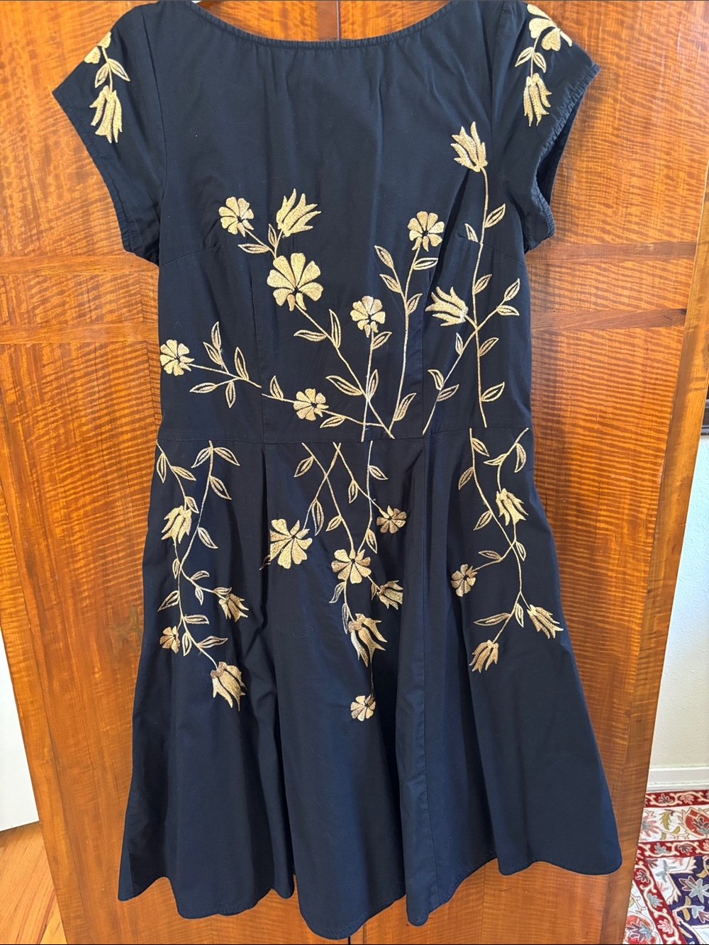 eshakti Black Midi Dress with Gold Floral Embroidery & pockets